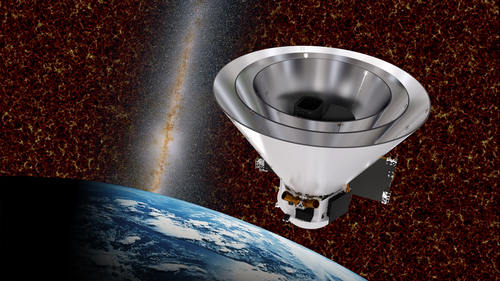 SPHEREx spacecraft with cosmic structures background